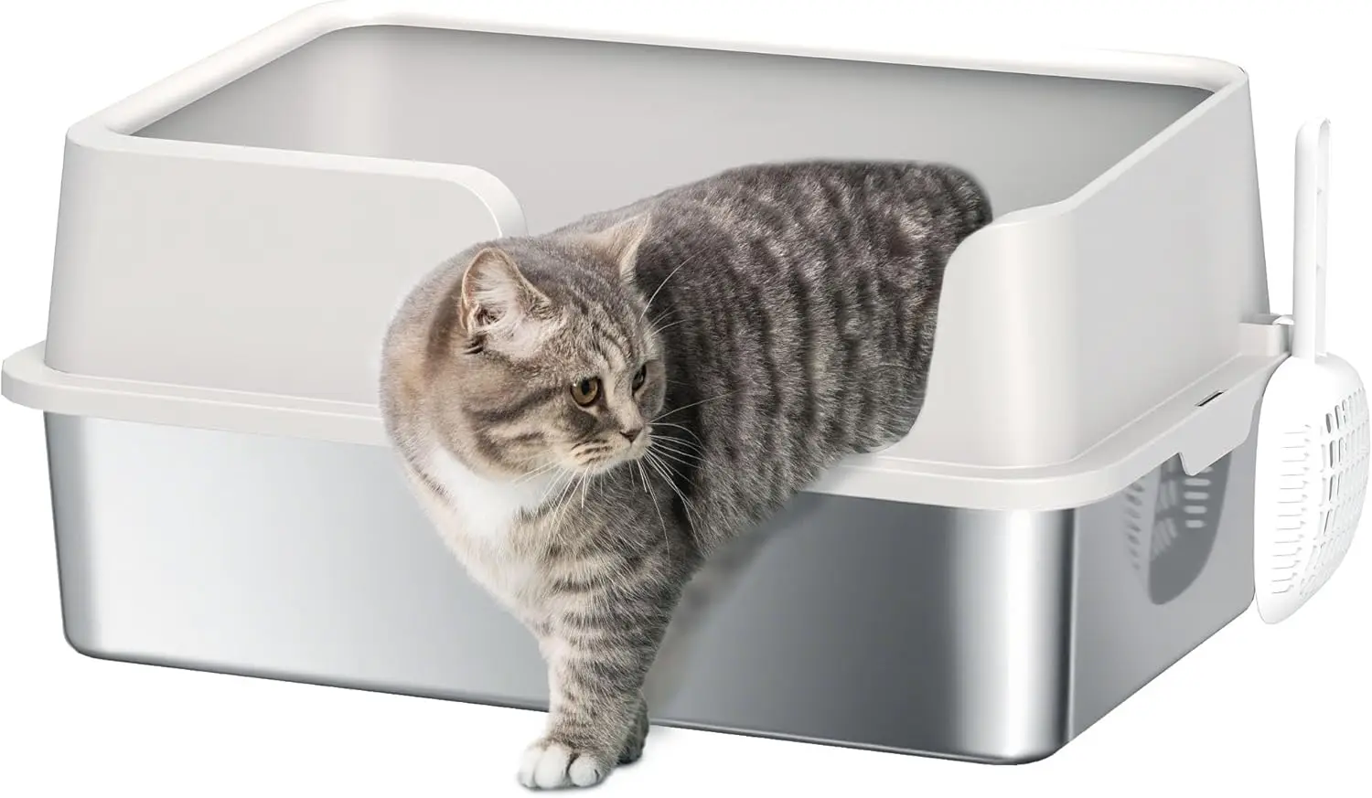 

Stainless Steel Litter Box, XL Cat Litter Box with High Side, Extra Large Metal Kitten Litterbox for Big Cats with Scoo