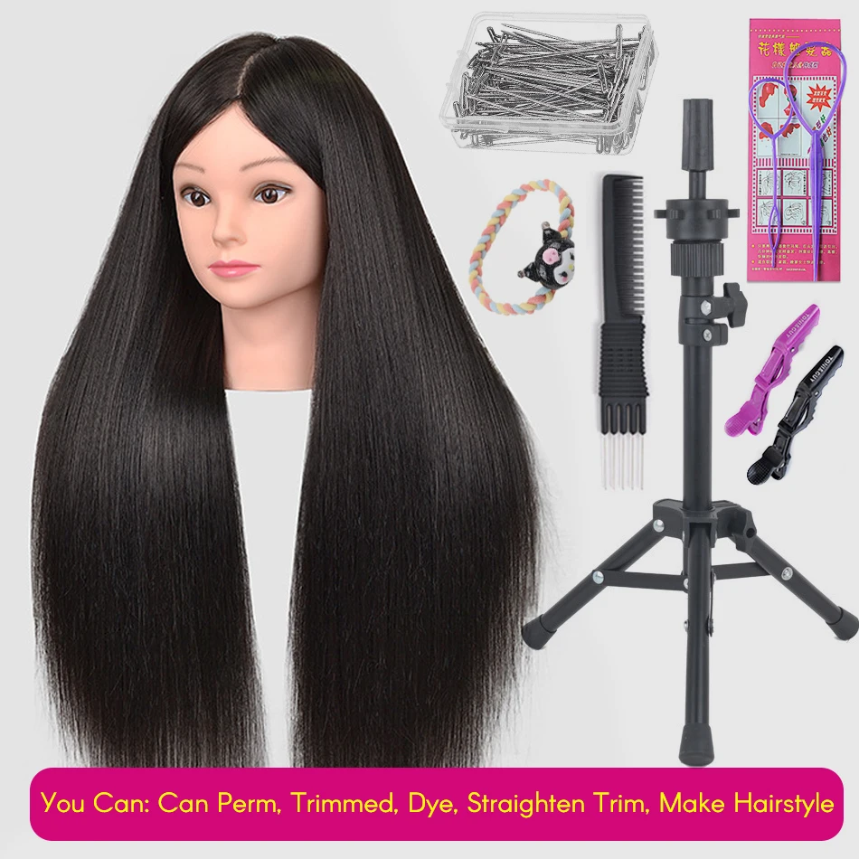 

New Female Mannequin Training Doll Head With 70% Real Hair For Hairsyles Hairdressing Cosmetology Dolls Head With Stand Tripod