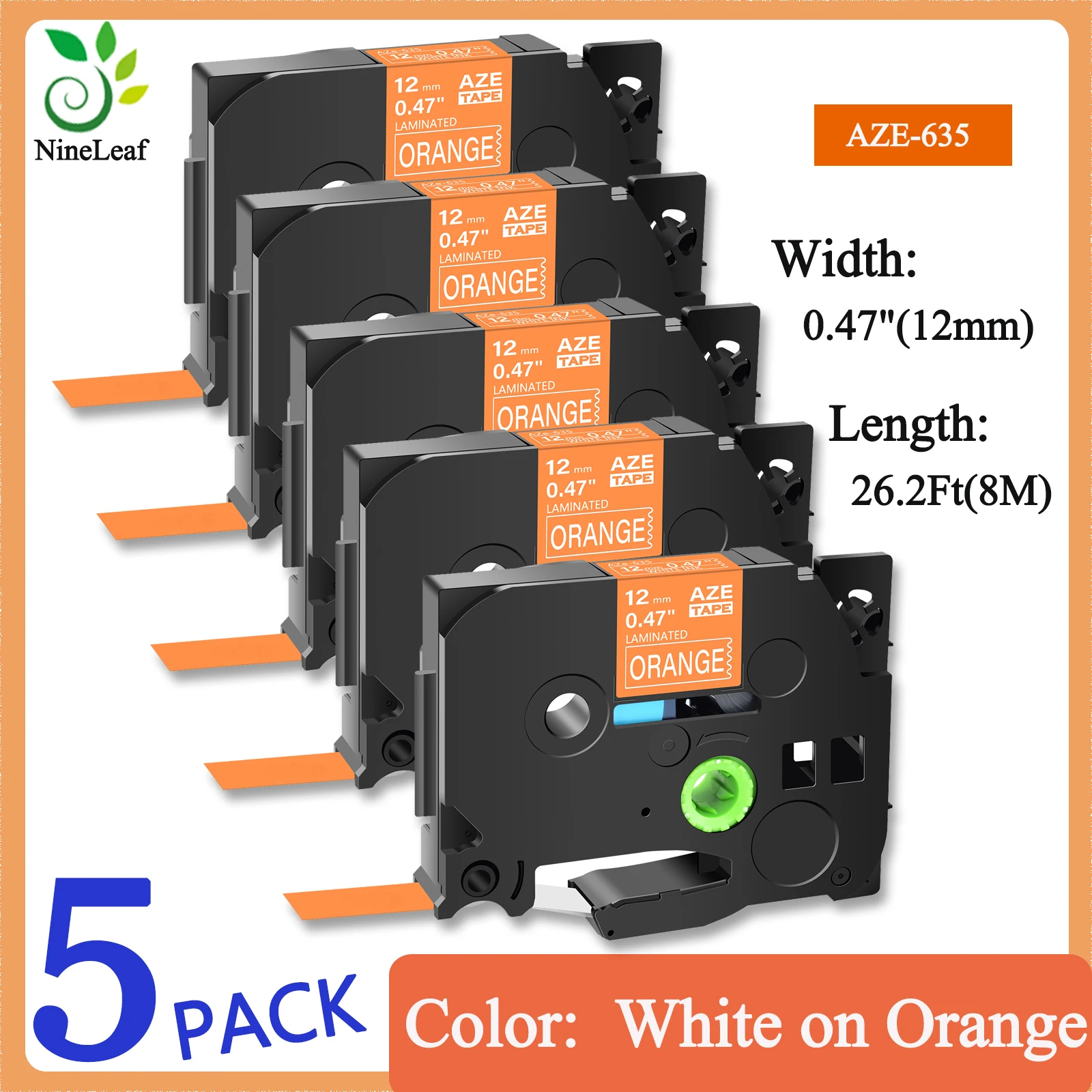 

5PK Label Tape Laminated Compatible Brother TZe-635 12mm White on Orange Cartridge Cassette for P-Touch PT-1000 PT-H101C PT-H105