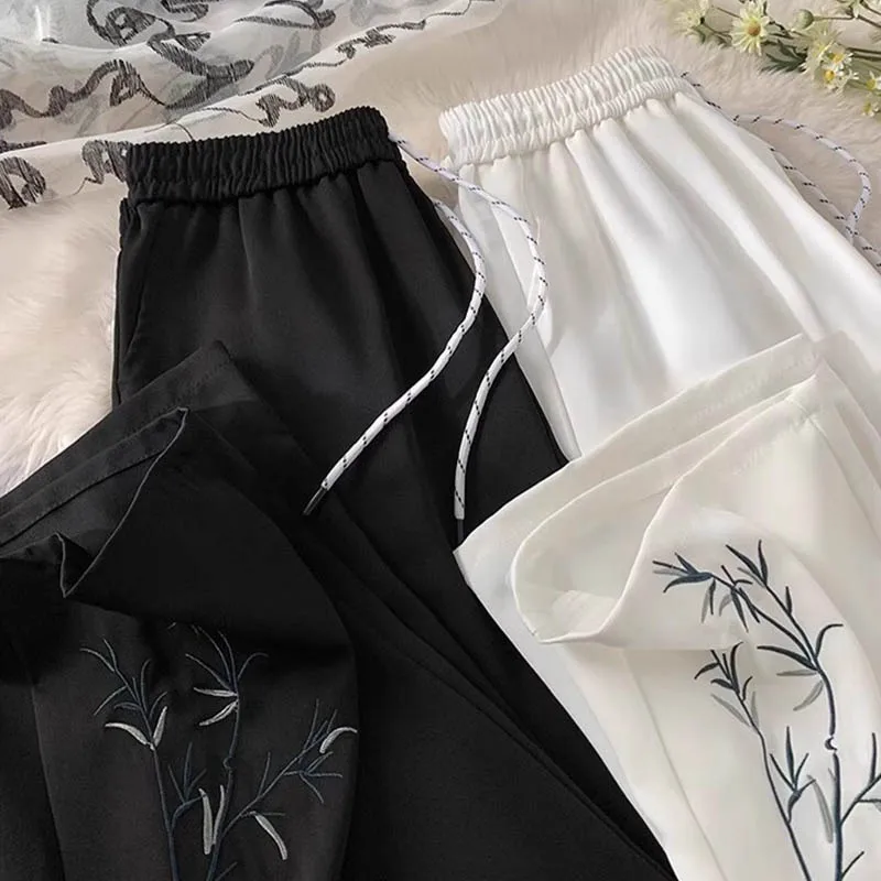 

New Chinese large size embroidered pants women spring and autumn loose sag leisure style advanced sense of thin wide leg pants