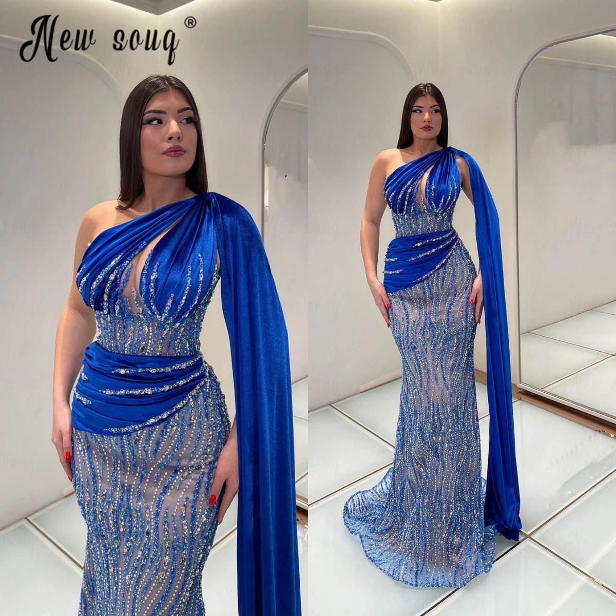 Personalizado Veludo Azul Real Cabo Longo, Vestidos De Celebridades, Jantar À Noite Vestidos De Festa, Árabe Beading Pageant Robe, Desgaste Formal