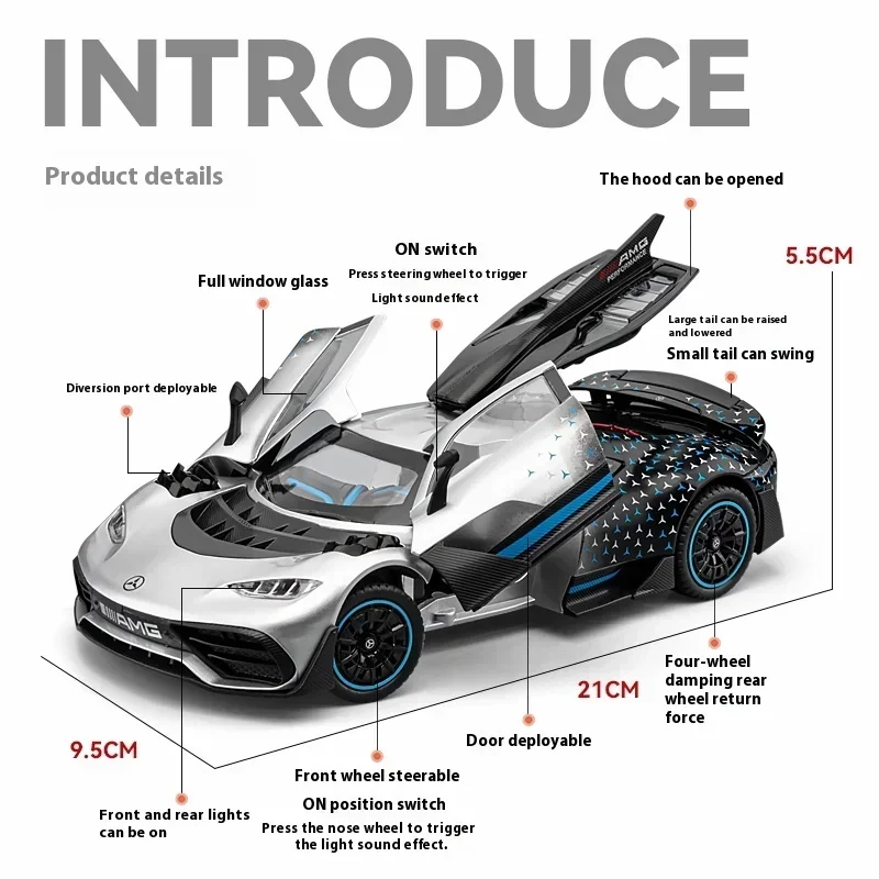 1:24 메르세데스 벤츠 AMG ONE 레이싱 합금 금속 다이캐스트 자동차 모델, 소리 및 빛 수집 취미, 친구를 위한 장식 선물