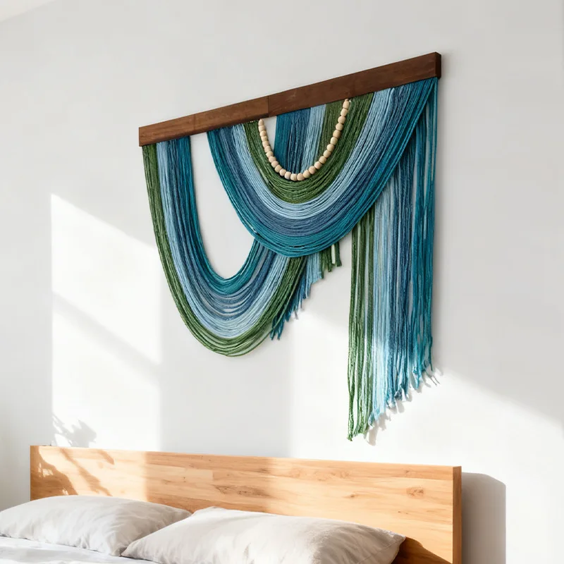Bohemian Fringed Wooden Board Tapestry Color Blocked Wall Hanging Decor for Living Room Homestay Room Wall