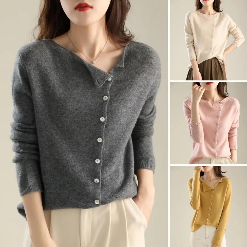 Knitting Tops Women Long Sleeve Round Neck Casual Home Style Top Solid Color Single-Breasted Fitted Stretchy Tee Knitted Shirt