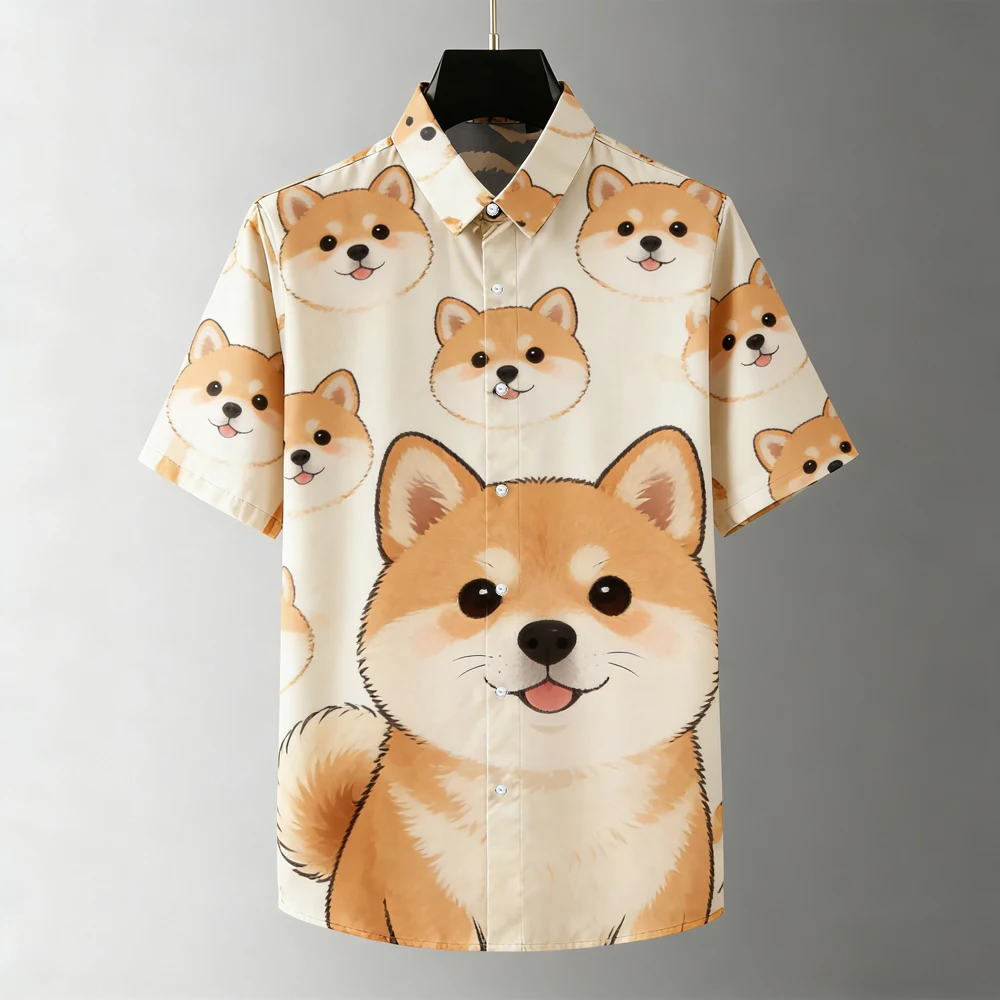 

Men's summer cool short-sleeved shirt cute puppy animal high-definition 3D printed shirt men's Hawaiian vacation outdoor top men