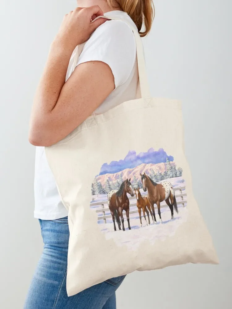 

Bay Appaloosa Quarter Horses In Winter Snow Tote Bag reusable grocery bags shopping bag Candy bags Handbags women