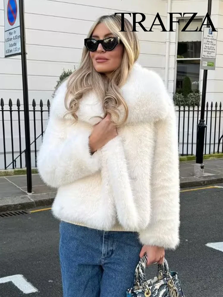 HH 여성용 가을 겨울 패션 크롭 인조 퍼 큰 라펠 재킷 여성용 숨겨진 버클 따뜻한 두꺼운 외투