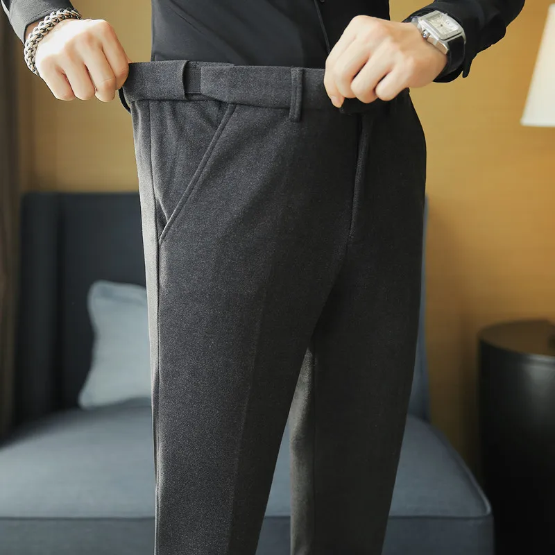 Autumn Winter New Thickened Warm Casual Pants Men Elastic Waist Solid Slim Trousers Fashion Formal Business Office Suit Pant