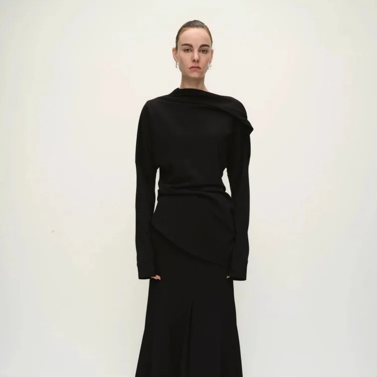 

Nordic Slim Fit Asymmetric oulder Long Sve Knitted Top Ele High Quali VKC Sle Faionable plus Size Women's irt