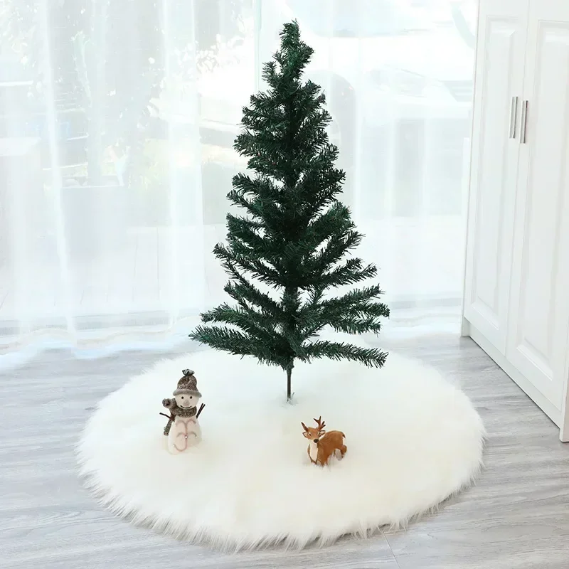 68cm Snowy White Christmas Tree Skirt Plush Faux Fur Xmas Trees Carpet Mat Ornaments For 2024 New Year Home Party Decoration