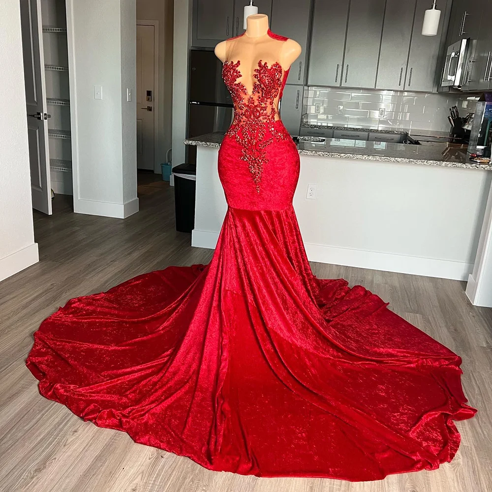 Mermaid Black Girls Velvet Red Beaded Lace Long Prom Dresses 2025 New Elegant Design
