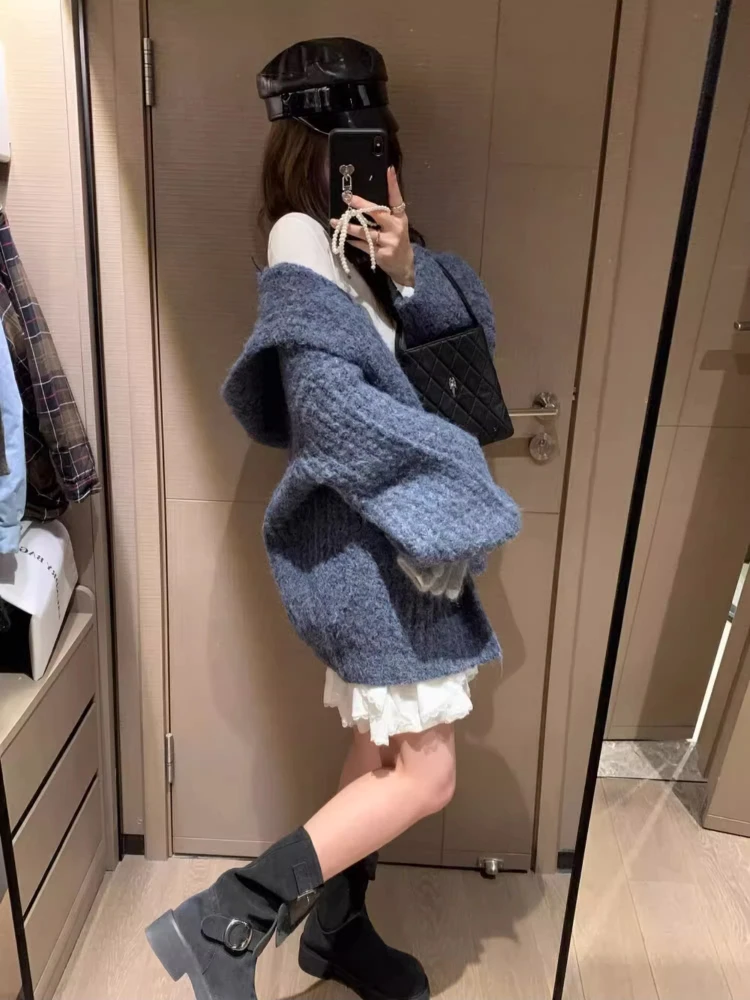 เสื้อผ้าผู้หญิงใหม่สำหรับฤดูใบไม้ร่วงและฤดูหนาว เสื้อคลุมมีฮู้ด แขนทรงโคมไฟ เสื้อแจ็คเก็ตไหมพรมแฟชั่นทรงหลวม