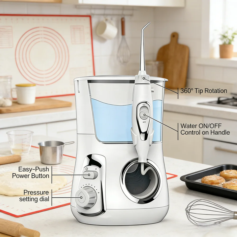 

Desktop Dental Irrigation Device 800ML, IPX7 Waterproof 360° Flushing 10 Modes 5 Nozzles, Oral Care Water Jet