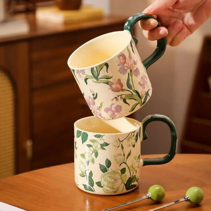 Porcelain Iris Floral Pattern Coffee Mug Milk Mug Big Capacity Water Cup Office Household Drinkware 480ml