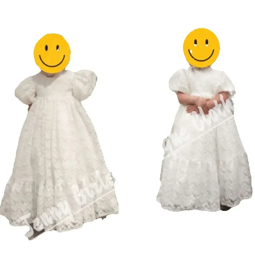 

Stunning Adorable Custom Made Girl Gowns Ivory Floral Lace Short Puffy Sleeves Wedding Birthday Baptism Dresses