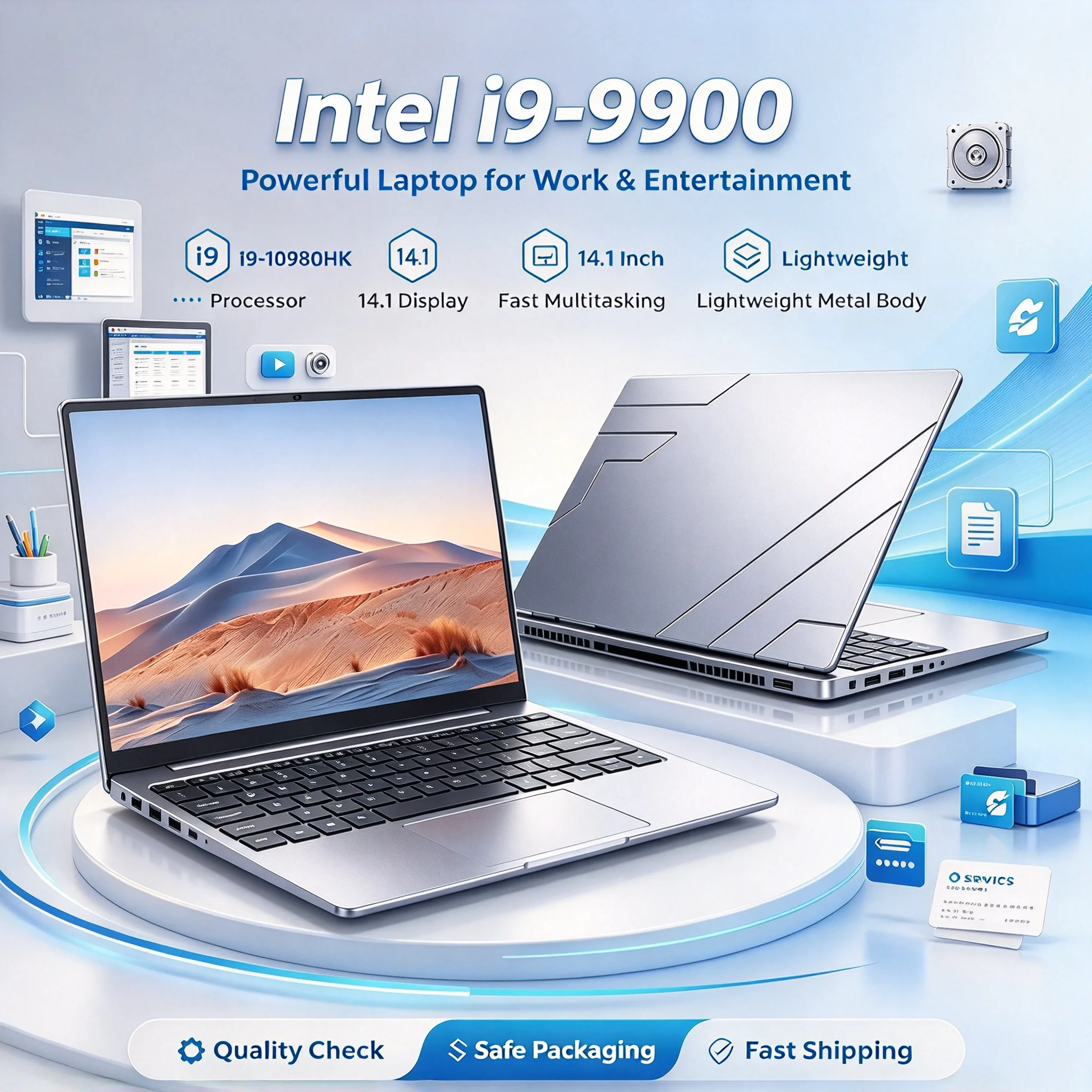 Intel Core i9 9900 Pro Max Plus Unit 8C 16T 5GHz 32GB RAM 2TB SSD 14.1 Inch Gaming Laptop 1920x1080  Office Home Game