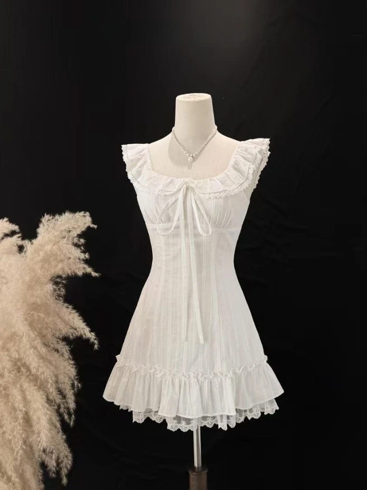 

French Sailor Collar Sweet One Piece Dress Summer Kawaii College Style Sleeveless Dresses Korea Fashion Design Bow Girl Outfits
