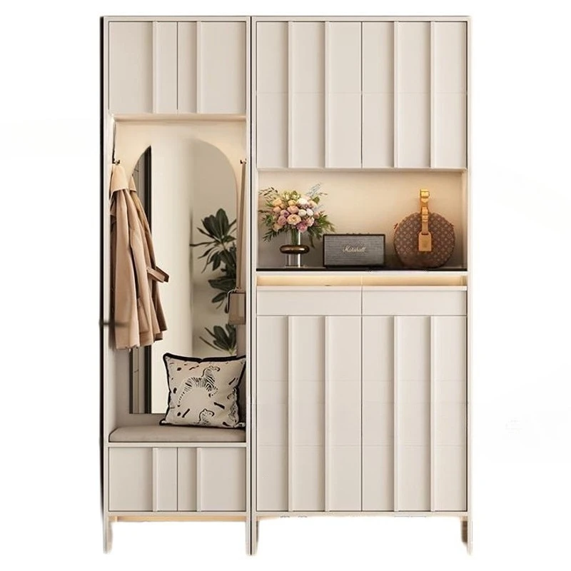 Solid wood home shoe cabinet, entrance cabinet, integrated retro shoe change stool, clothes and hats, full-length mirror,