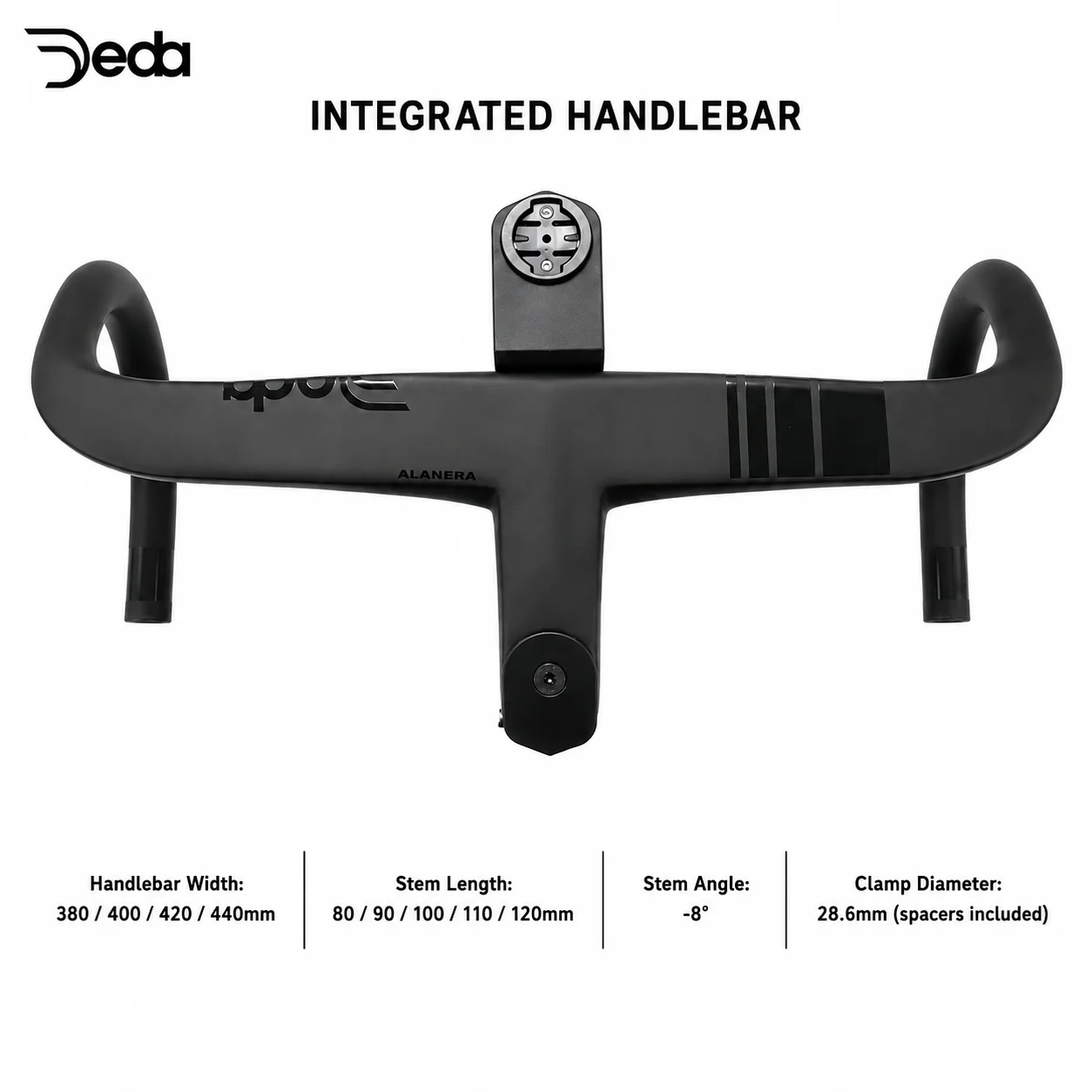 

DEDA ALANERA RS T1000 Carbon Integrated Road Handlebar with Computer Mount, Internal Cable Routing, 28.6mm Steerer & Spacers