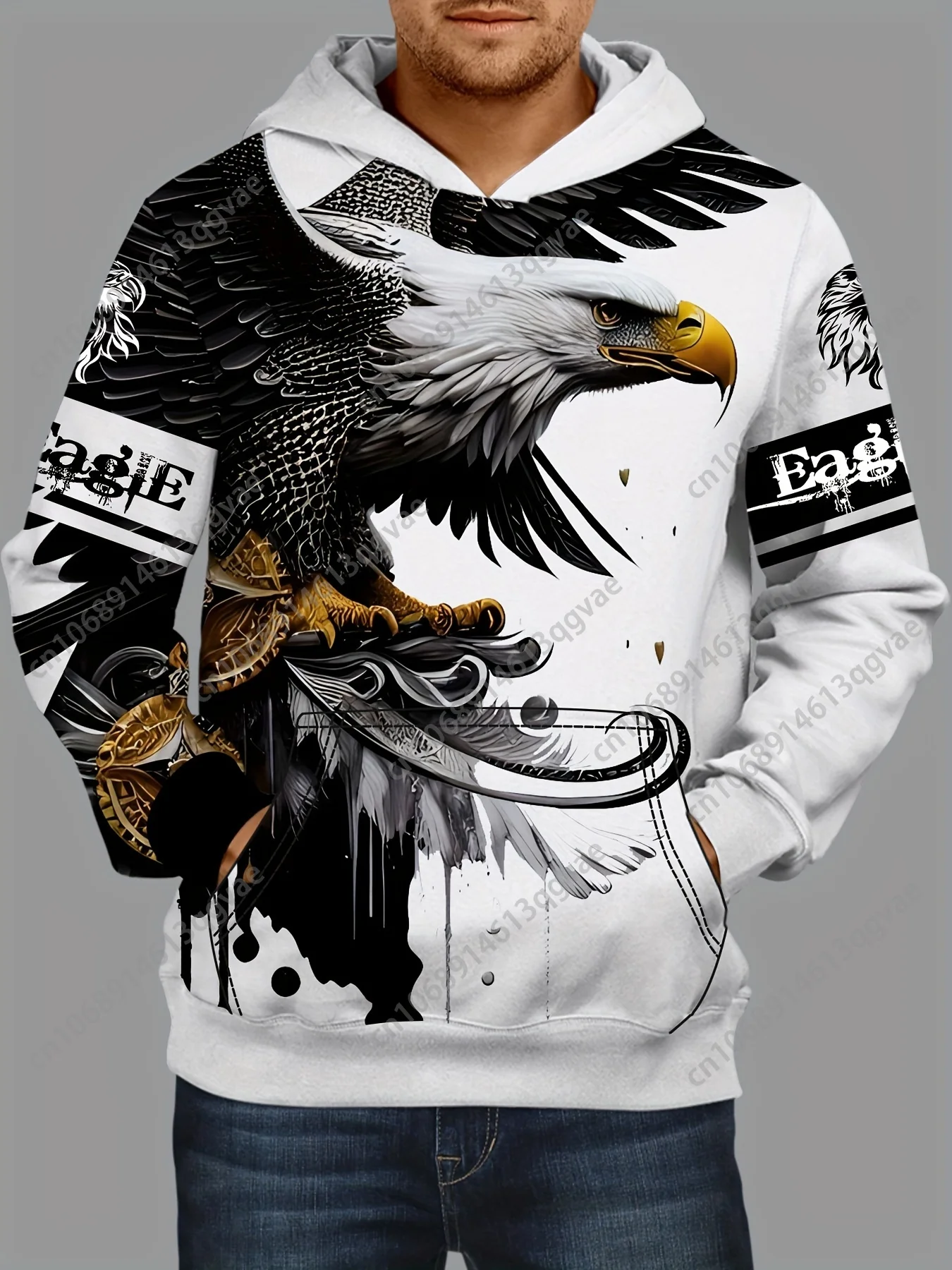 Felpa con cappuccio da uomo con stampa 3D Eagle - Tessuto casual lavorato a maglia in poliestere con leggermente elasticizzato - Felpa con cappuccio vestibilità regolare per escursioni all'aperto