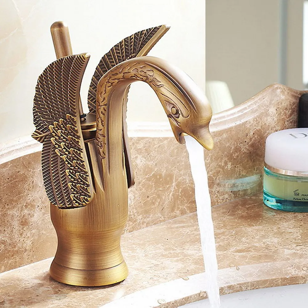 

Vintage Brass Swan Shape Bathroom Mixer Faucet Tap Deck Mount One Hole Water Taps Antique Style Basin Faucet One Handle Wnf177