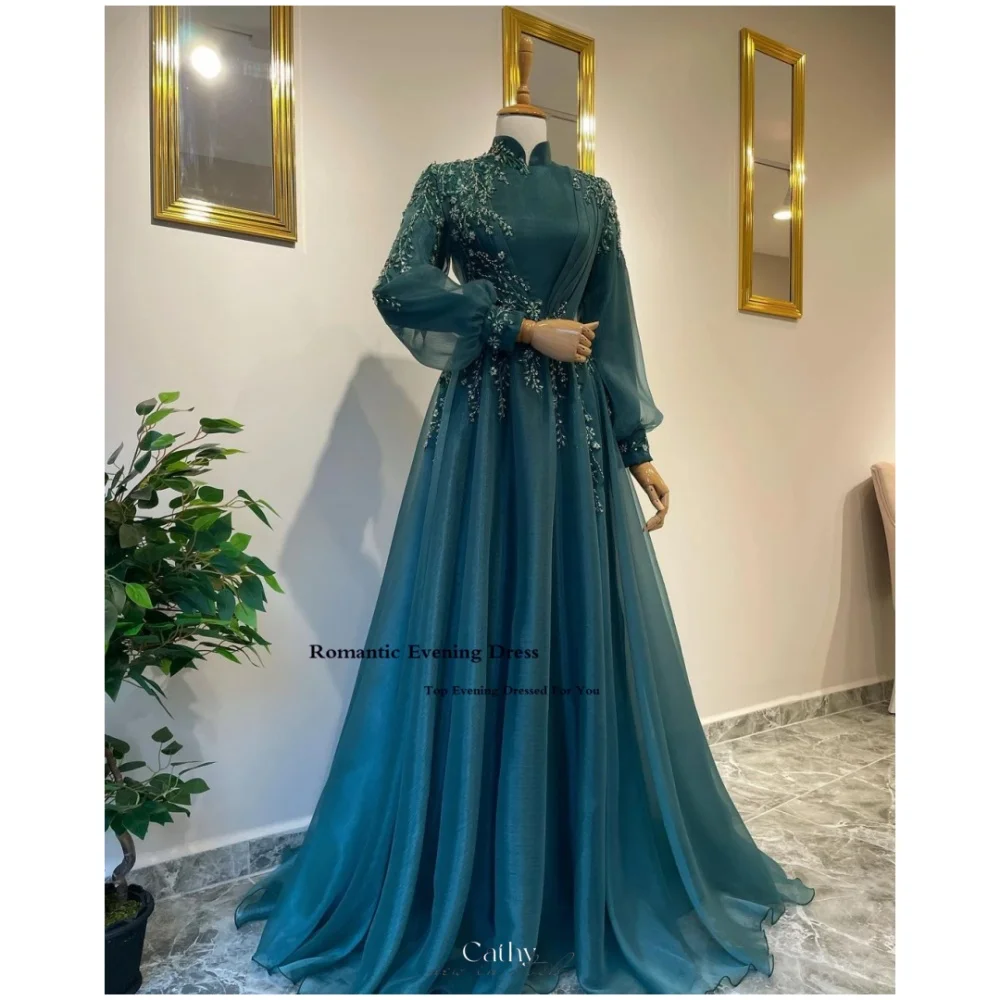 

Cathy Зеленые цветы Вышивка Пышные рукава Свадебные платья с длинными рукавами Свадебные платья de noche Сетчатая ткань Индивидуальные вечерние платья