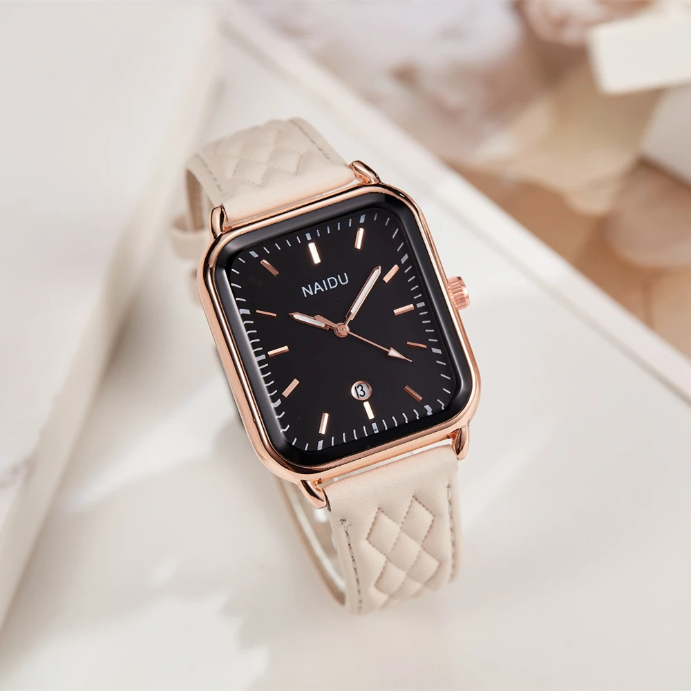 

Light luxury casual temperament elegant women's quartz watch luminous calendar leather strap retro small square watch gift watch