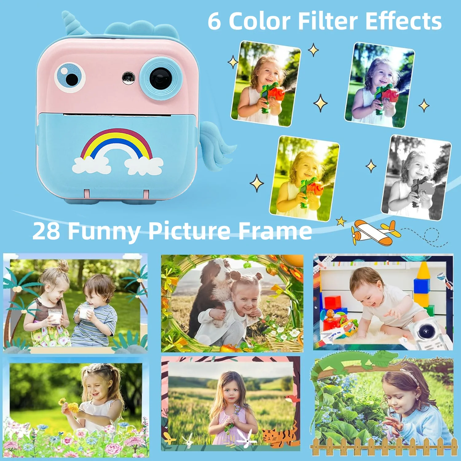 Kids Instant Camera Picture Printing IPS Screen HD Digital Camera With Lanyard Toy Unicorn Toys Picture Printer Children Gifts