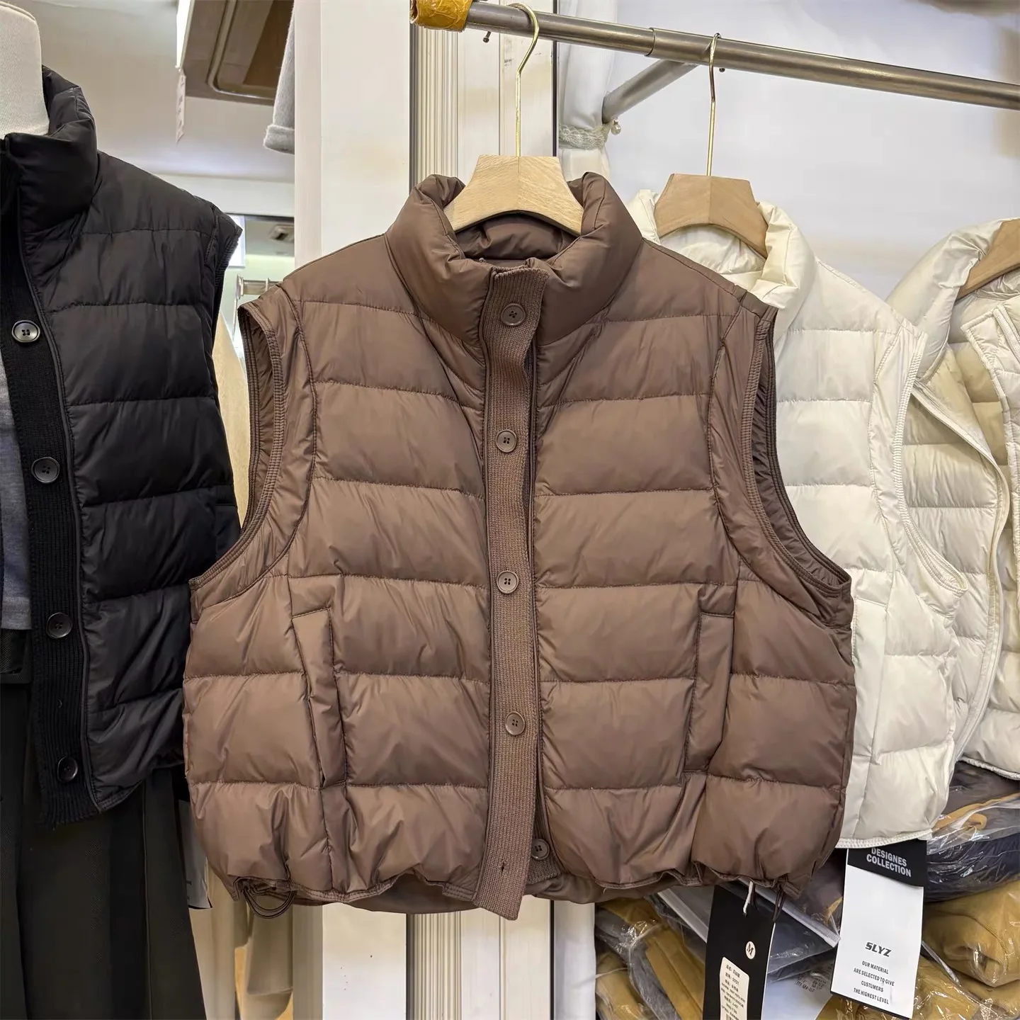 Autumn Winter White Duck Down Drawstring Sleeveless Vest Women Fluffy Stand Collar Down Vest Female Single-breasted Waistcoat