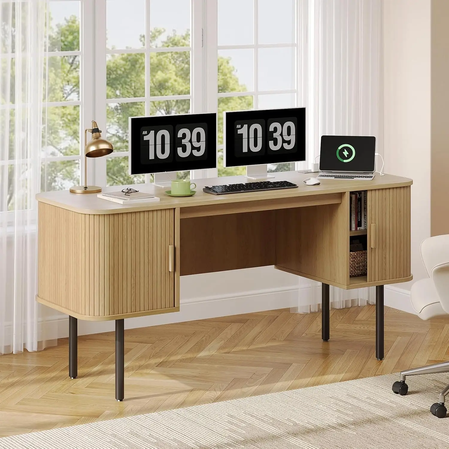 63-inch Fluted Computer Desk with Power Outlets | Office Desk with 2 Storage Cabinets & Metal Legs | Large Modern Executive Desk w/ Adjustable Feet for Study, Work
