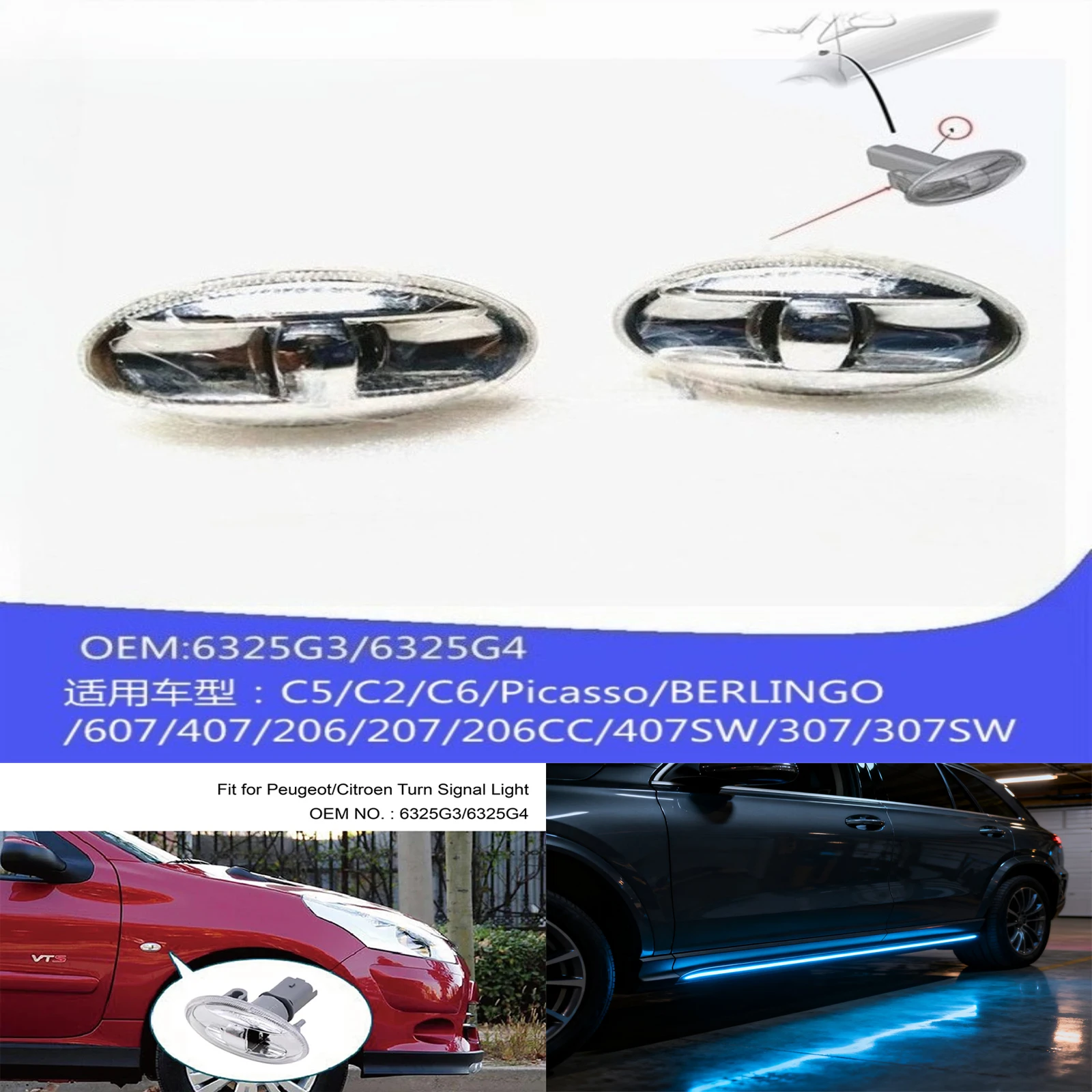 

Car Side Lamps Turn Signal Lights 6325G3 6325G4 Fit for Peugeot 108 107 206 1007 407 Partner Auto Parts Side Indicator Repeater