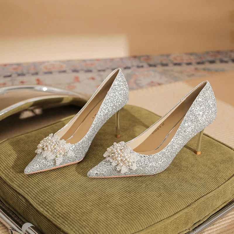 

Bloomsteps High Heels Women's Stiletto 2026 New Pointed Toe Sequin Wedding Shoes French Style Rhinestone Pearl Pumps