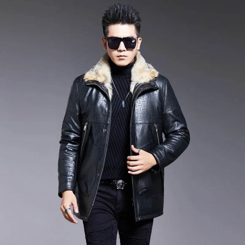 Tcyeek Winter Real Wolf Fur Liner Coat Men Sheepskin Genuine Leather Jacket Mens Clothing Warm Natural Fox Fur Collar Coats Luxe