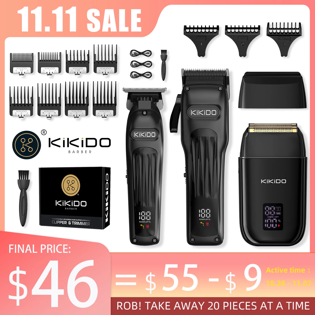 

KIKIDO 3pcs/set Hair Trimmer Set Multi-functional Hair Clipper Shaver High Quality Waterproof Four-speed Adjustment For Men 2578