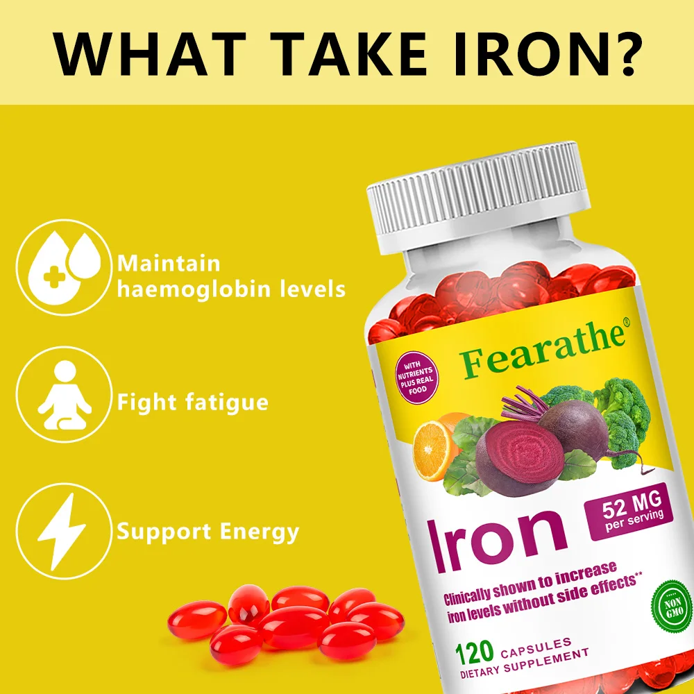 Iron Supplement 52mg with Real Food Nutrients Beet Root Vitamin C for Energy Blood Health Anemia Support for Women Men