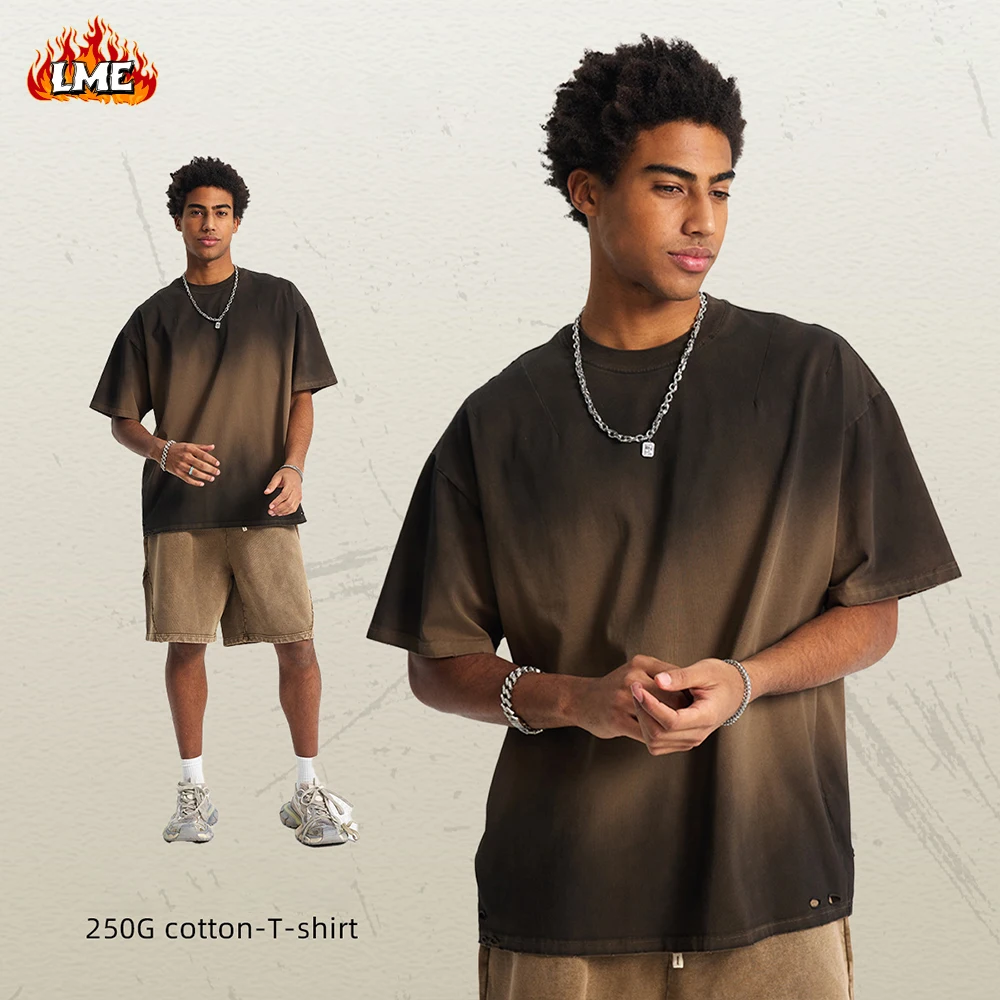 2025 Summer Spray Dyeing Vintage Short sleeved T-shirt for Men Acid Washed Piercing American Trendy Brand Short Sleeve T Shirt