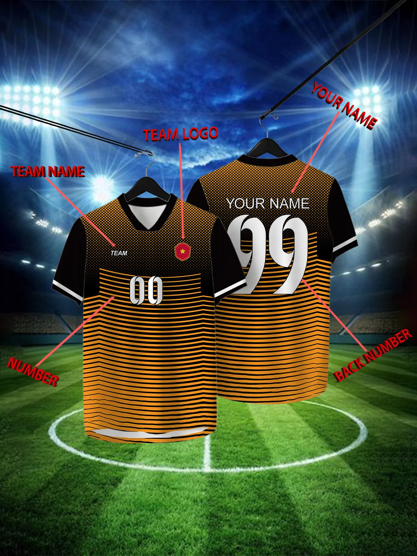 

Customized Geometric Orange Short Sleeved Shirt with Team Name, Emblem, Name and Number, Outdoor Sports Short Sleeved T-shirt