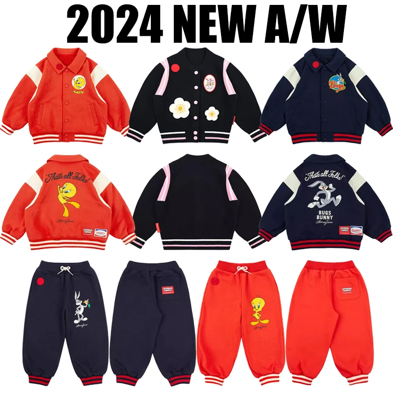 

24 New Autumn Winter Boys Girls Warm Jacket Casual Pants Set Kids Solid Color Printing Cute Coat Children Baseball Uniform Set