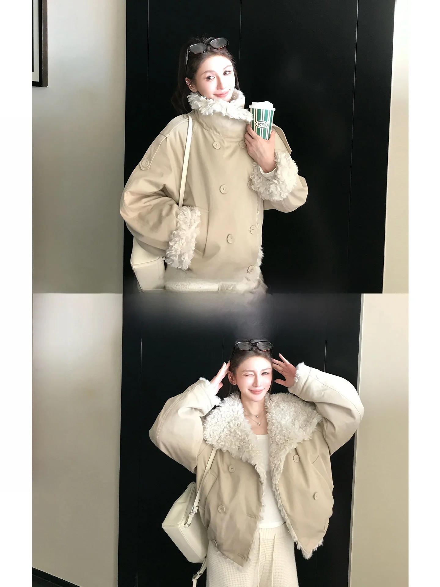 

Skk Store Heavyweight 310G Eco-friendly Lamb Fur Collar Cotton Fill Jacket Women's Short Outerwear Minimalist Style Long Sleeve