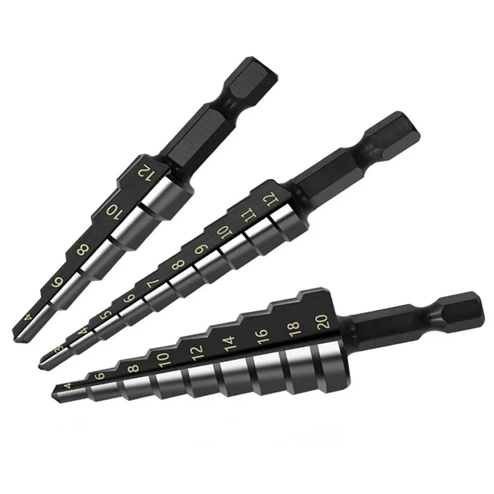 3Pcs/Set Hexagonal Shank Straight Groove Black Step Drill Bit Set 3-12/4-12/4-20/4-32mm Reaming Step Drill Tower Drill Tool Set