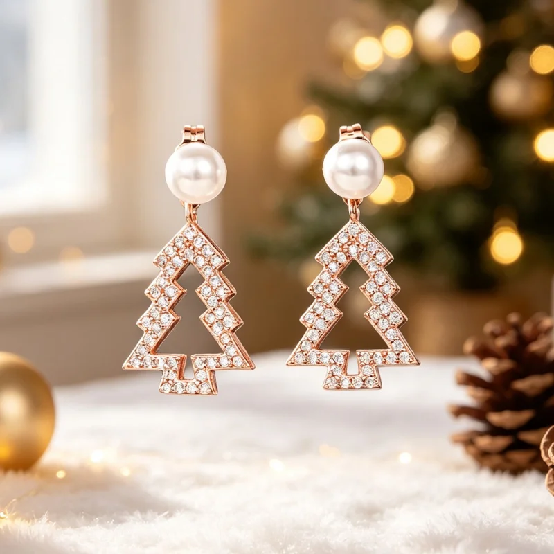 Huitan Rose Gold Color Hollow Christmas Tree Drop Earrings for Women Imitation Pearl Xmas Festive Party Jewelry Inlaid Shiny CZ