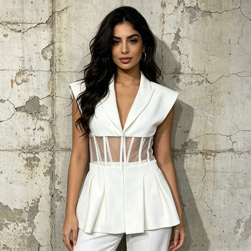 ZAMOR HIGH END French Chic Mesh Spliced Blazer Vest 2026 New Lapel Sleeveless Sexy V-Neck Cropped Waistcoat