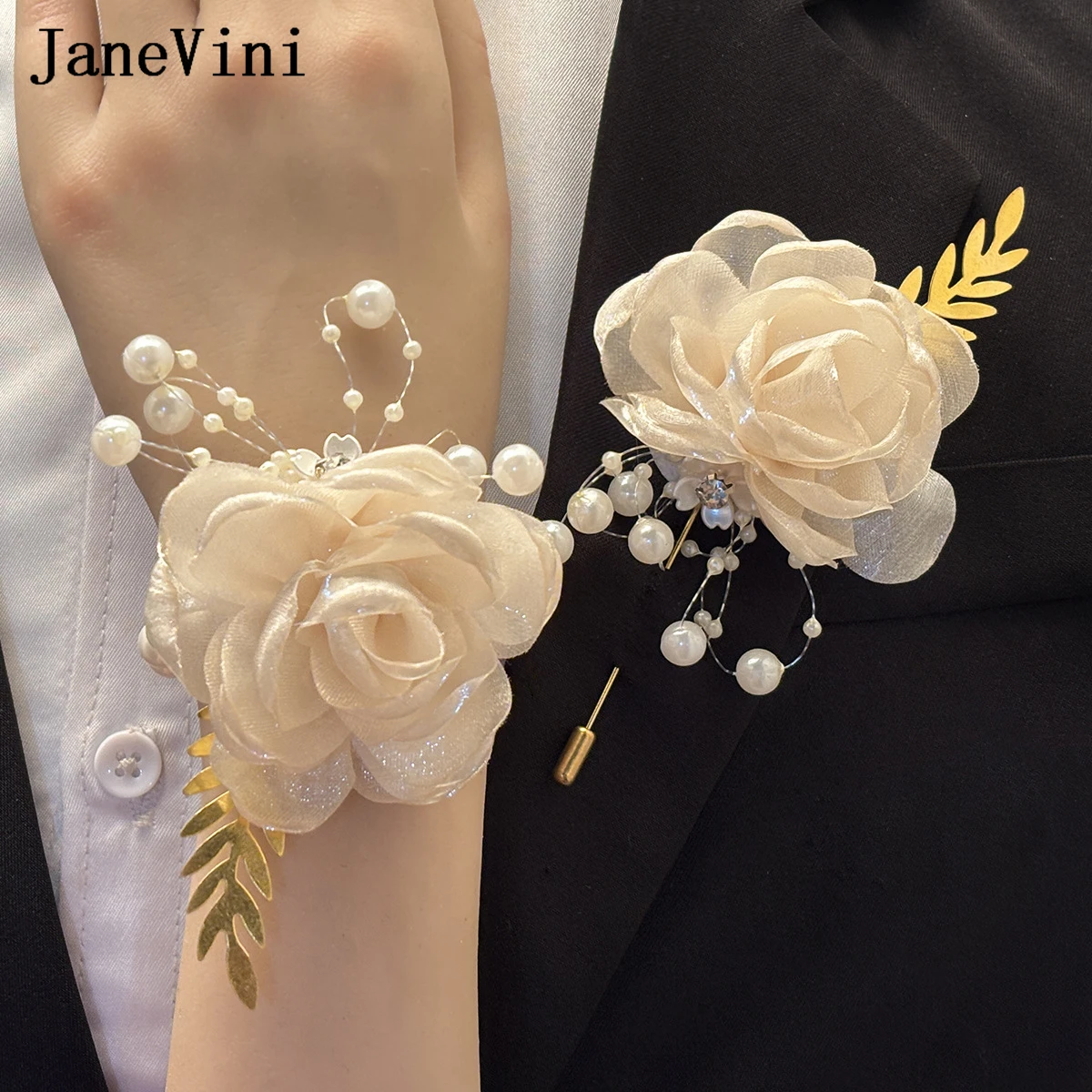 

JaneVini Elegant Artificial Flowers Bride Groom Boutonniere Wedding Corsages Ivory Pearls Best Man Suit Lapel Pin Bracelet Guest