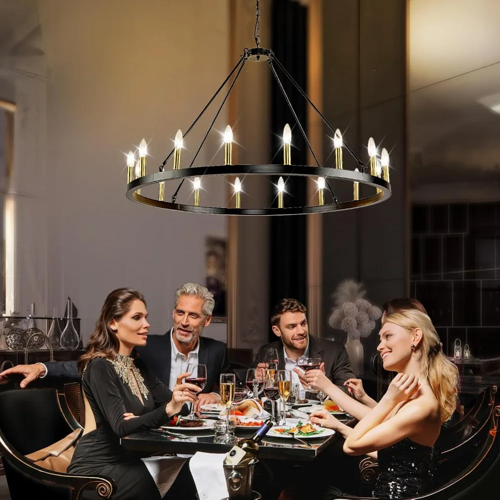 16-Light Wagon Wheel Chandelier Farmhouse, 43" Extra Large Chandeliers for High Ceilings, Round Chandeliers for Dinning Room