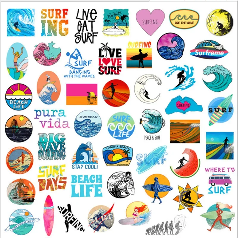 Vinyl Surfboard Stickers Surfing Sports Stickers 50Pcs Laptop Surfing Stickers Pack Waterproof Surfing Decals for Laptops Phone