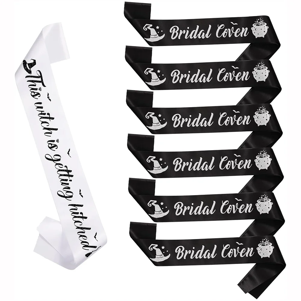 

Witch Theme Bachelorette Party Sash Set Halloween Wedding Miss To Mrs. with My Bridal Coven Gothic Bridal Shower Gifts Cauldron