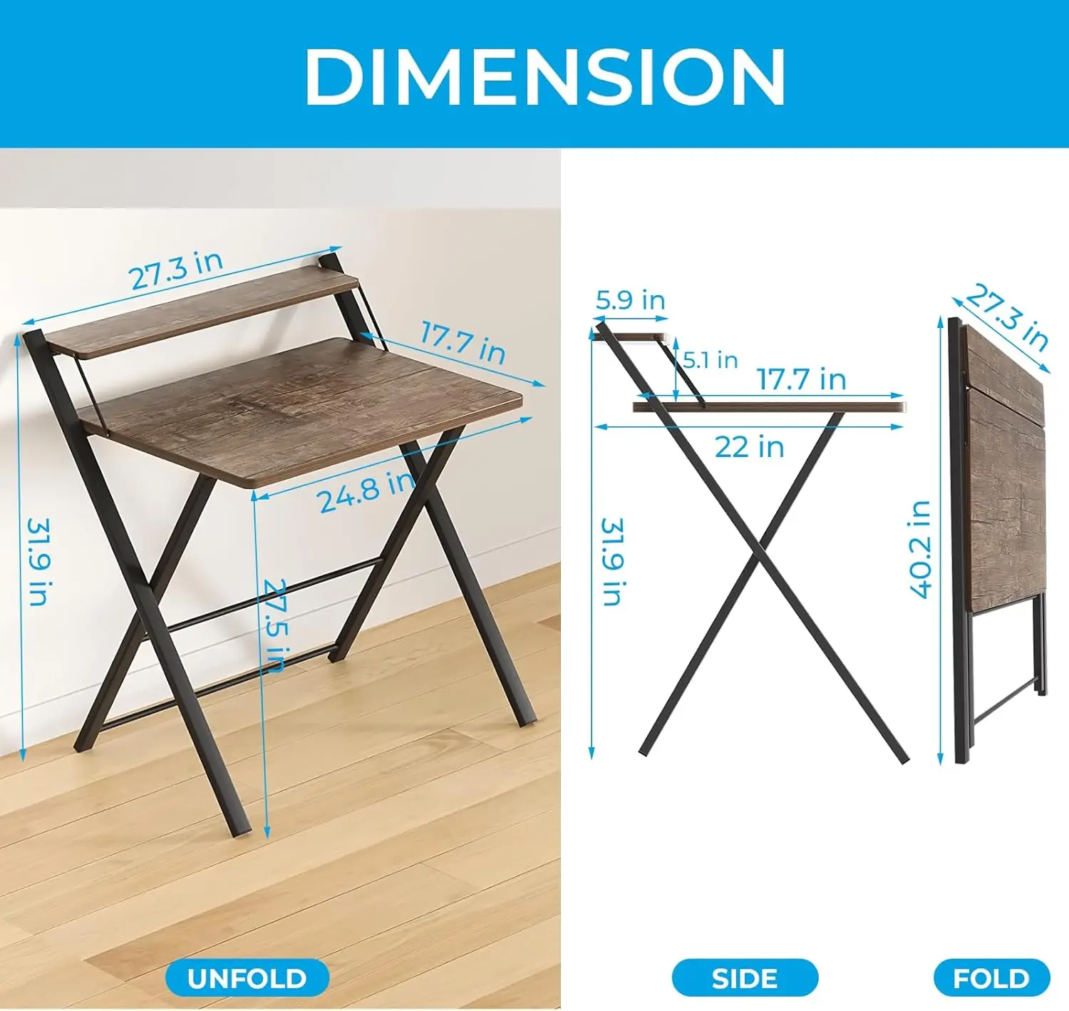 newFolding Desk No Assembly Required Small Size, 2-Tier Foldable Computer Desk with Shelf for Home Office, Space Saving Portable