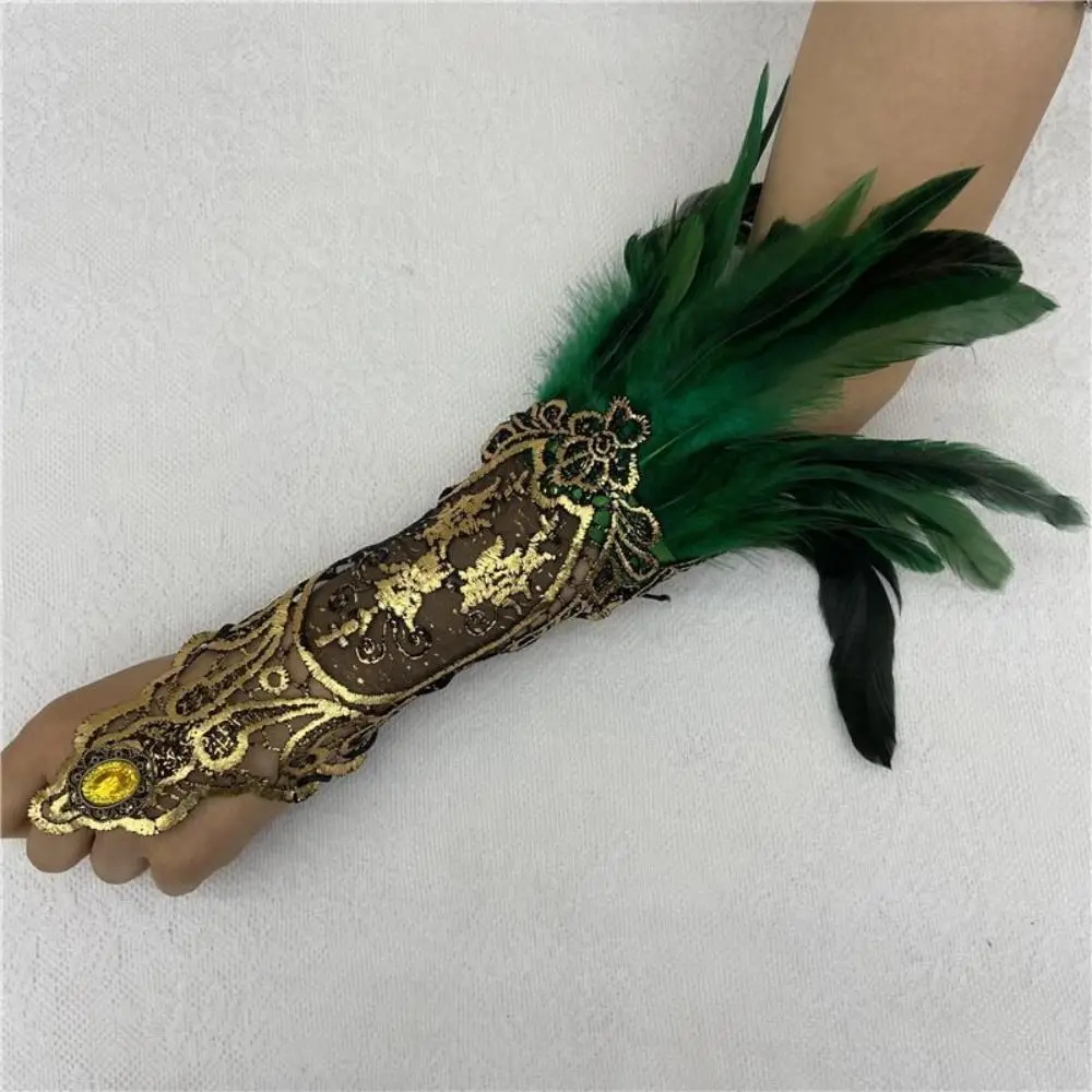 Creative Witch Halloween Feather Gloves Embroidery Retro Halloween Feather Cuffs Dark Gothic Women Feather Lace Glove Festival