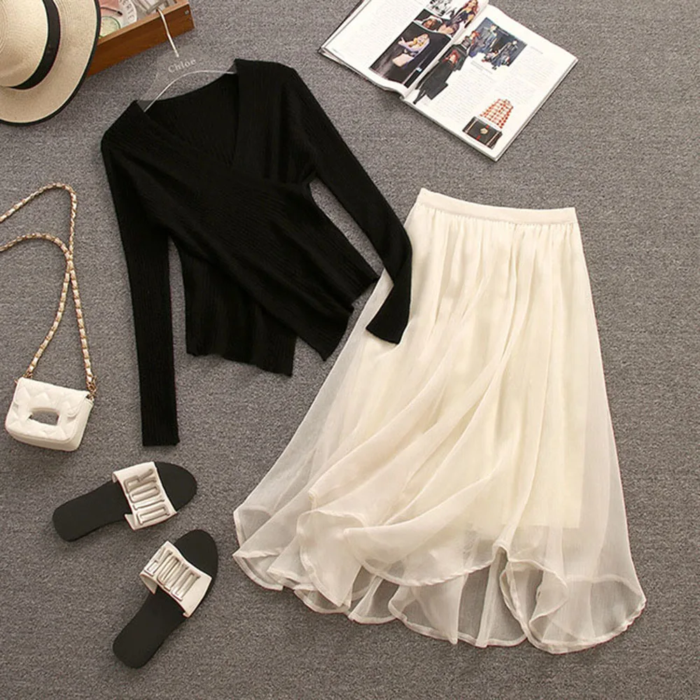 

Spring Two-Piece Set Women V-Neck Black Knit Jumper Pleated Tulle Half-Body Skirt Suit Elegant Slim Swearter White A-Line Skirts