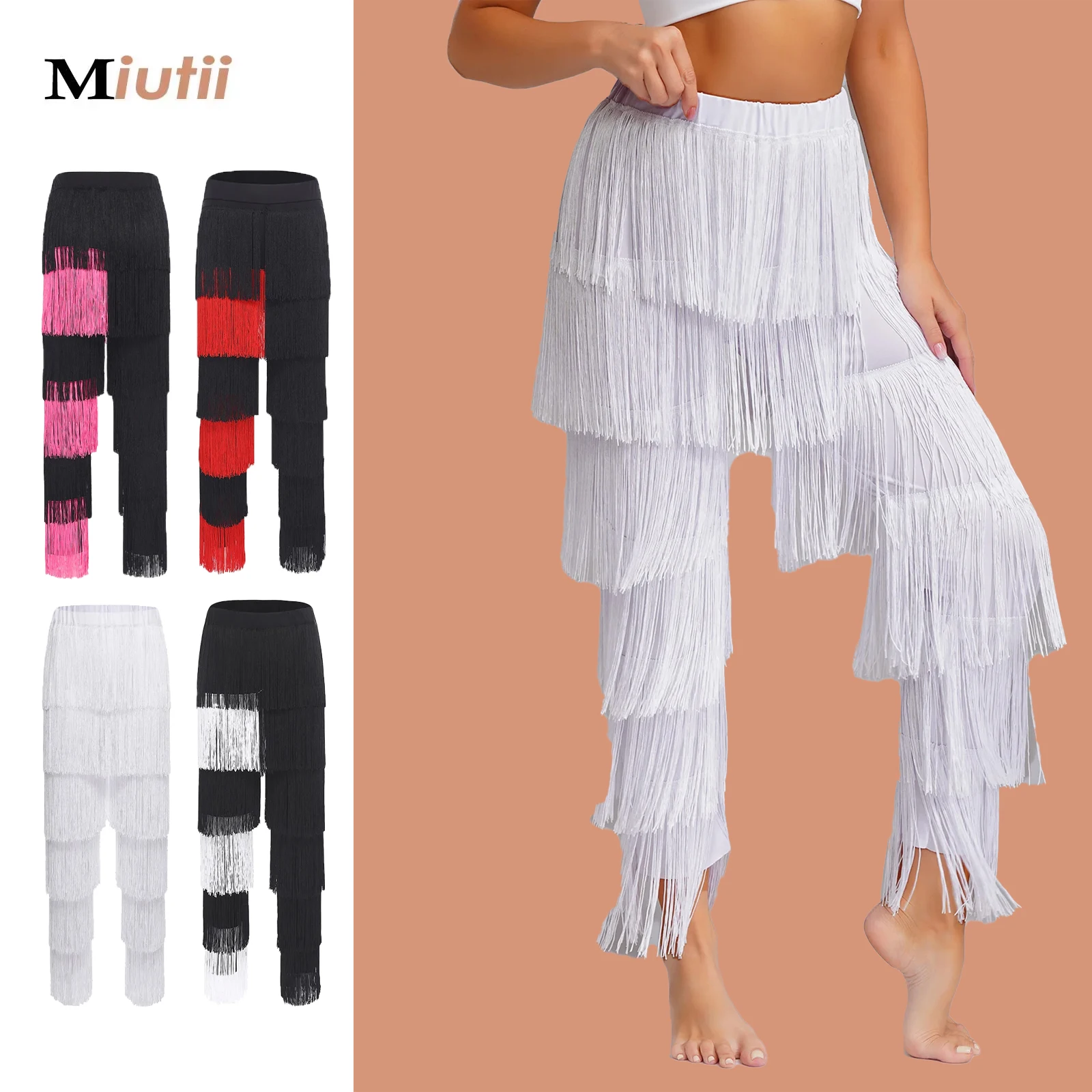 

Sexy Women Fringed Trousers Contrast Color Latin Dance Trousers Tassels Party Pants Female Chacha Tango Rumba Dance Clothes